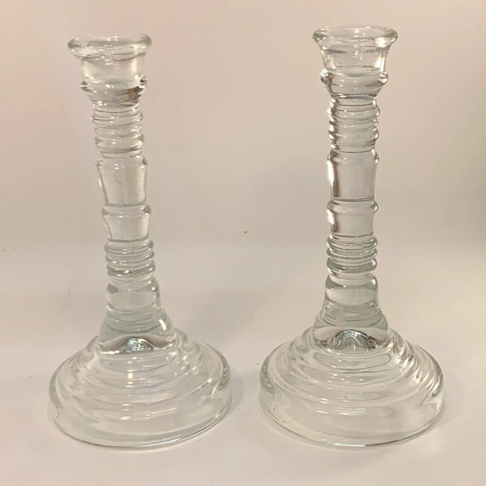 Glass Candlestick Holders Pair Ribbed Design Clear Elegant‎ 9
